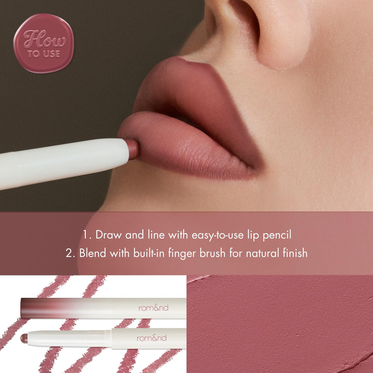rom&nd lip mate pencil swatch on skin showing 07 Fig Spread natural pink