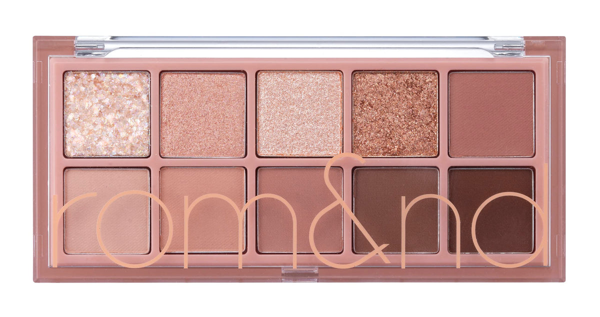 rom&nd front view of Rosebud Garden palette showing five coordinated rose shades and compact case for travel
