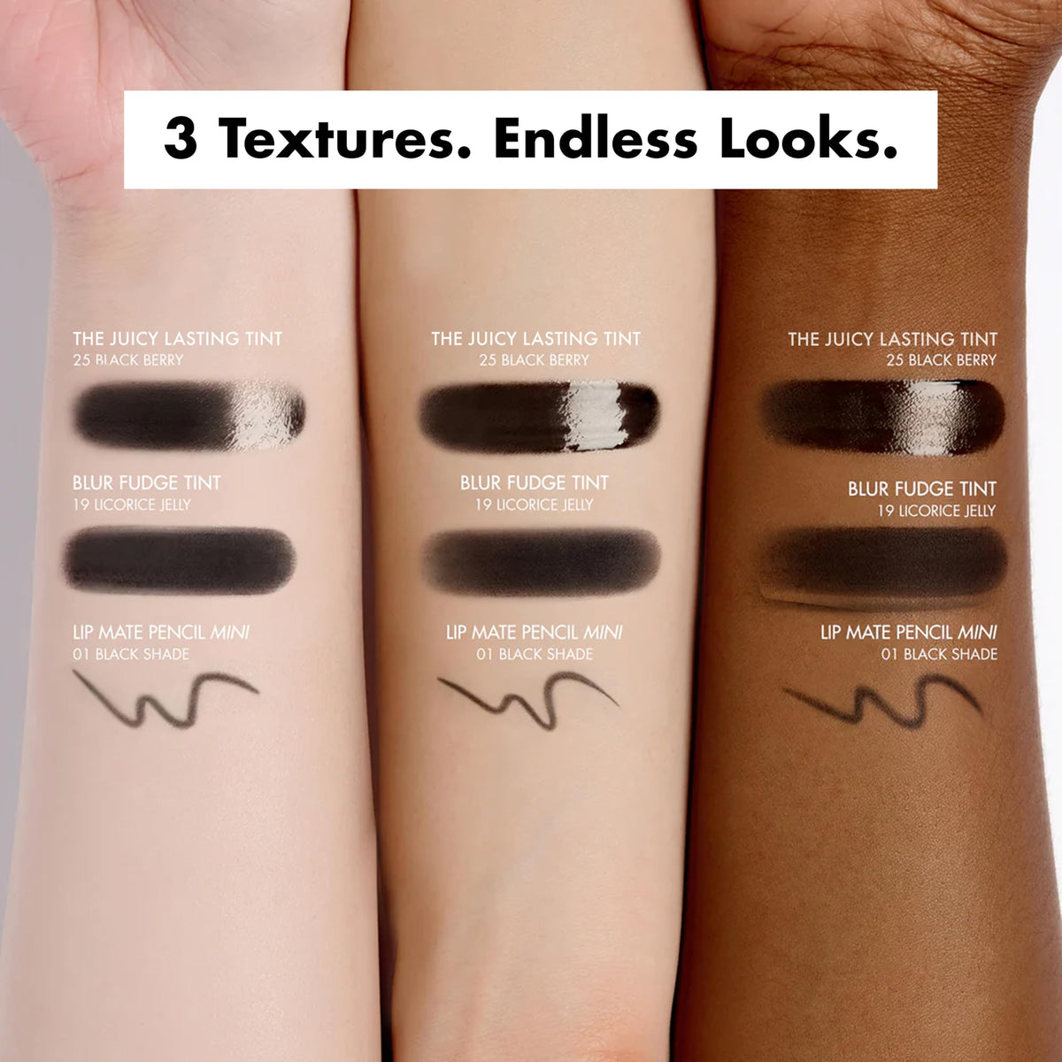 rom&nd swatches on arm comparing sheer to full coverage for easy reference