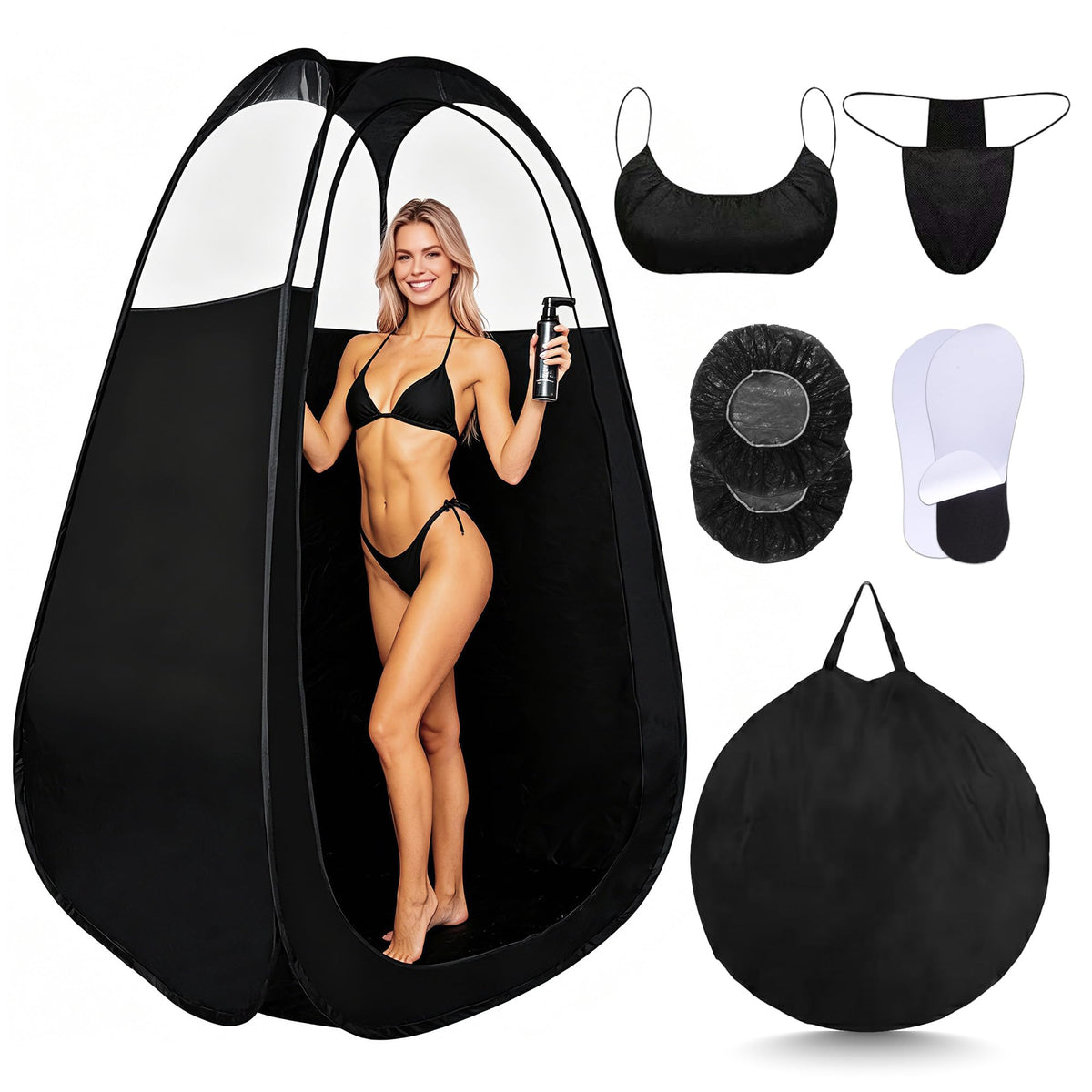 ROMSPRI front view of pop-up spray tan tent shows privacy and portability