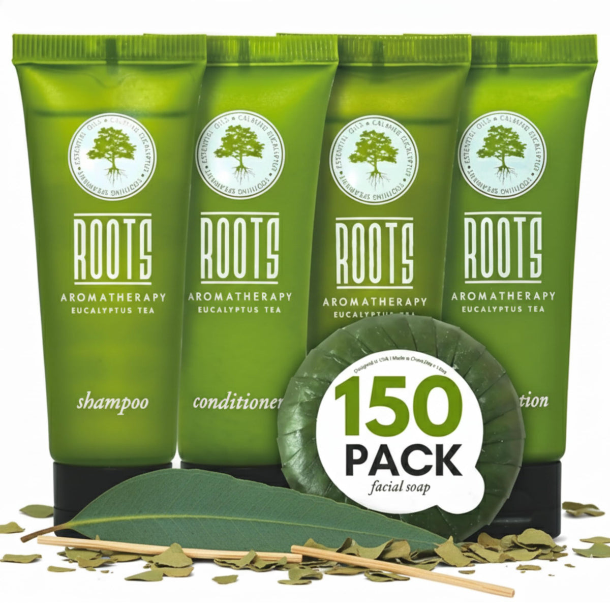 Roots Aromatherapy front packaging showing full 150-piece set and neat presentation