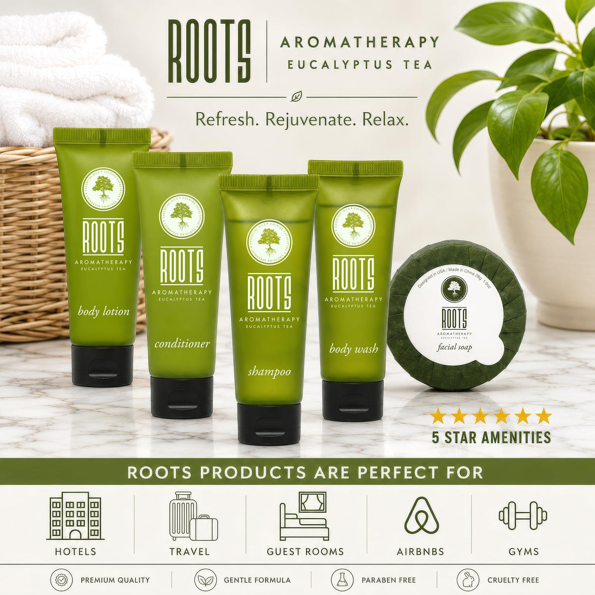 Roots Aromatherapy tube label detail clearly identifying shampoo and conditioner benefits