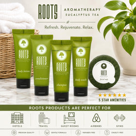 Roots Aromatherapy tube label detail clearly identifying shampoo and conditioner benefits
