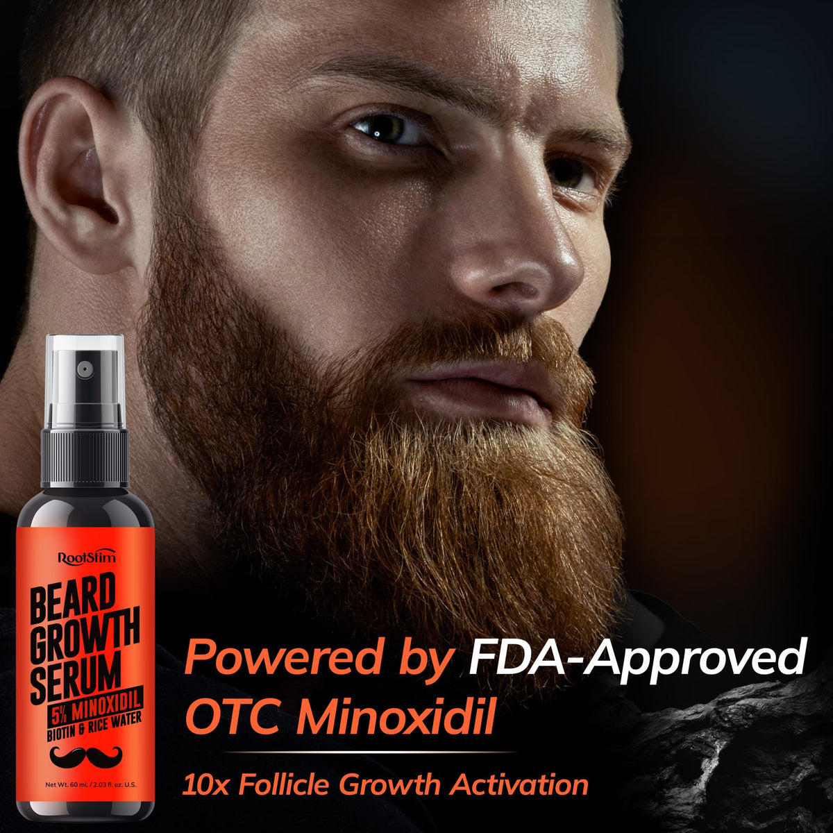 RootStim spray application on beard roots demonstrating easy targeted use and absorption