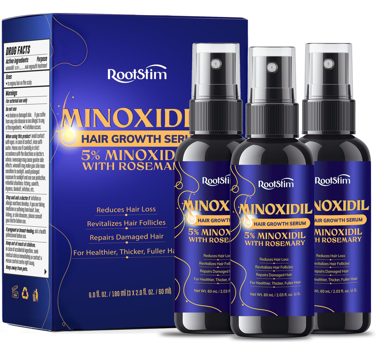 RootStim front-packaging 3-pack showing bottles and benefits