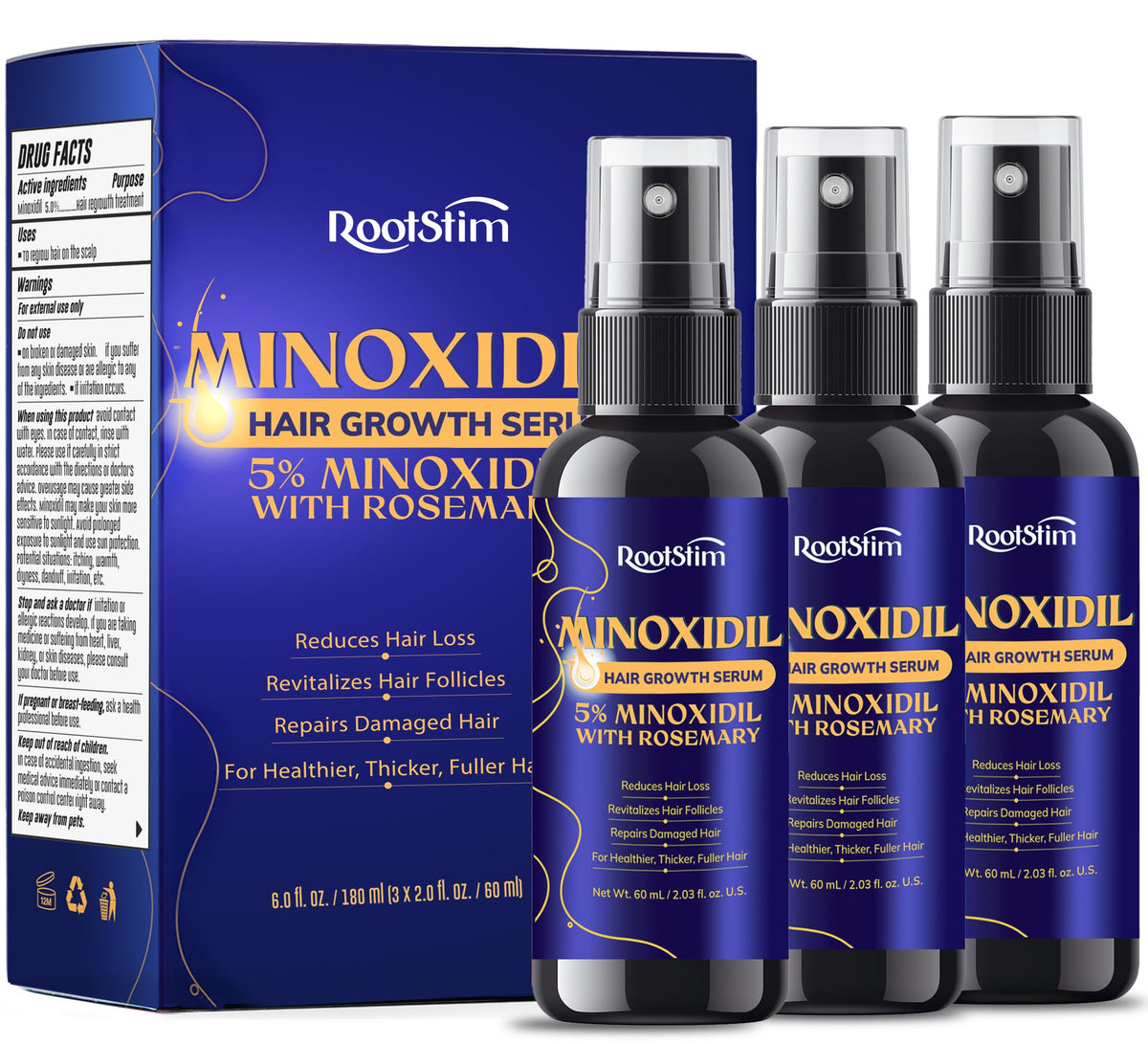 RootStim front packaging showing 3-pack for consistent regrowth routine