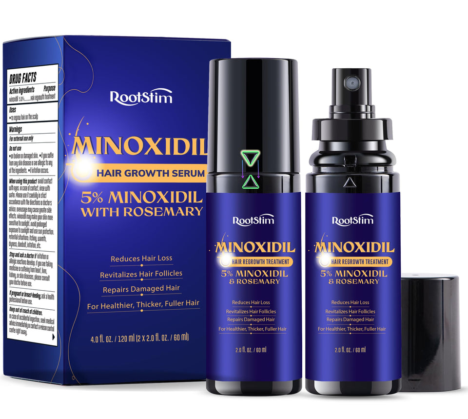 RootStim front packaging showing two 60ml bottles and benefits