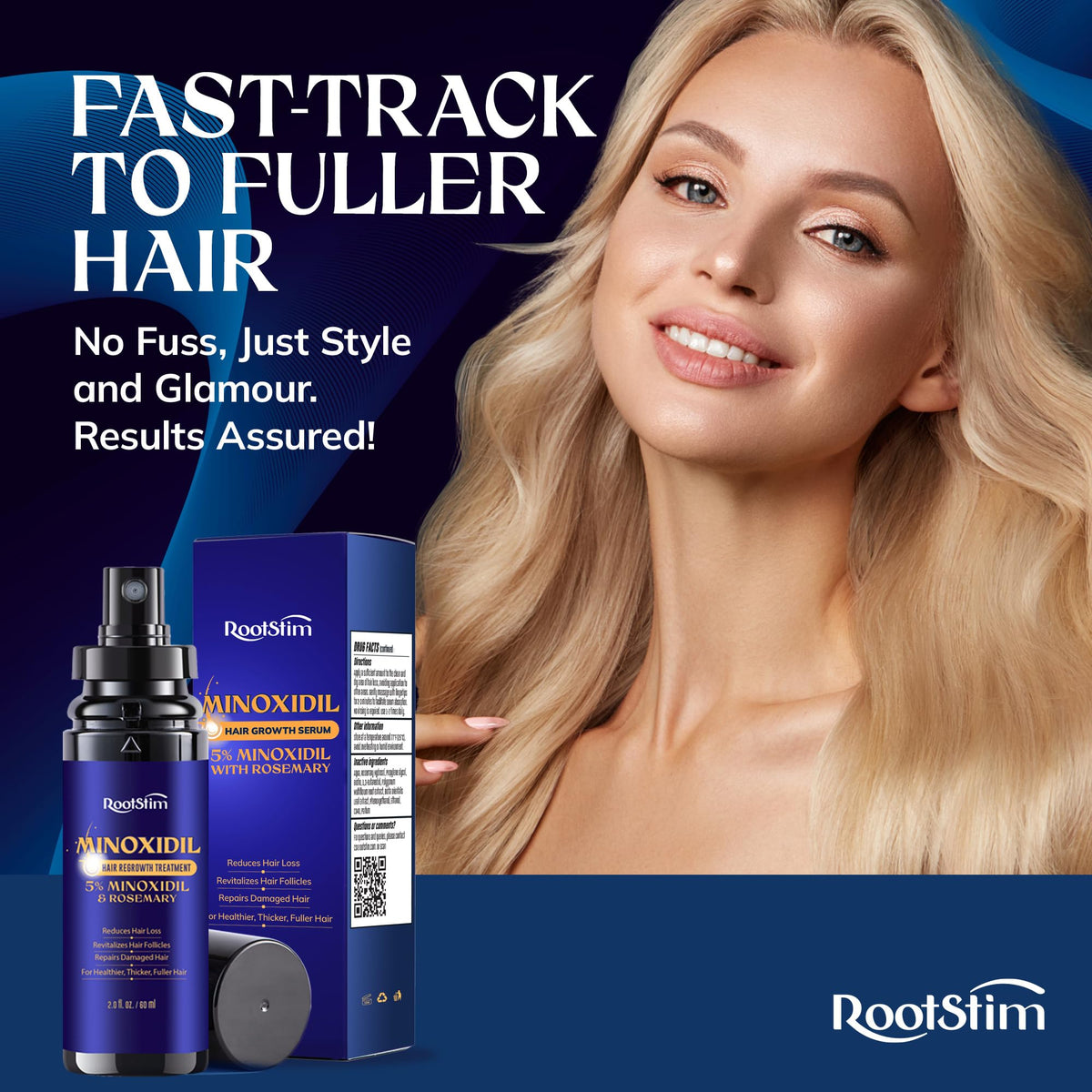 RootStim bottle on bathroom counter in lifestyle setting, easy twice-daily routine
