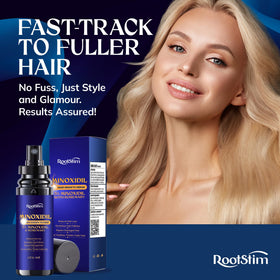 RootStim bottle on bathroom counter in lifestyle setting, easy twice-daily routine