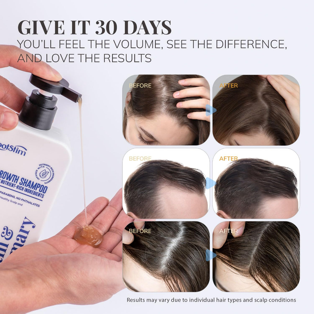 RootStim shampoo lather in hand showing gentle foaming action