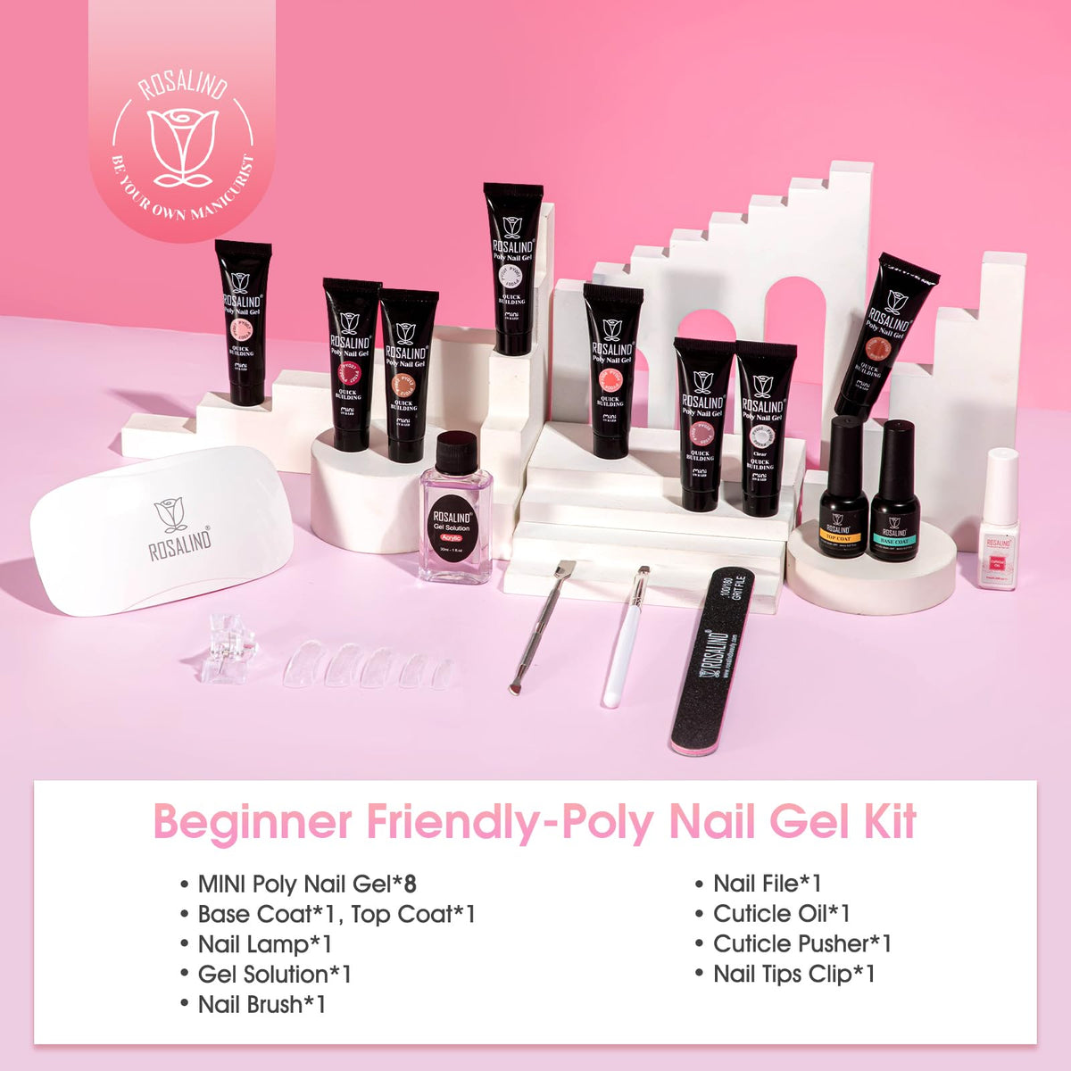 ROSALIND color array of eight poly gel tubs displaying versatile nude, pink, white and brown tones