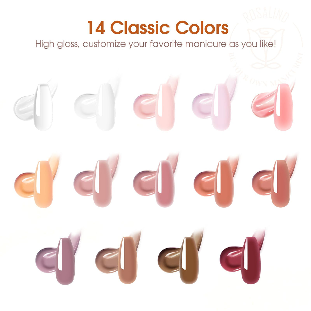 ROSALIND color swatches lined up showing 14 poly gel shades variety