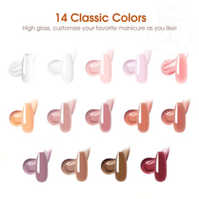 ROSALIND color swatches lined up showing 14 poly gel shades variety