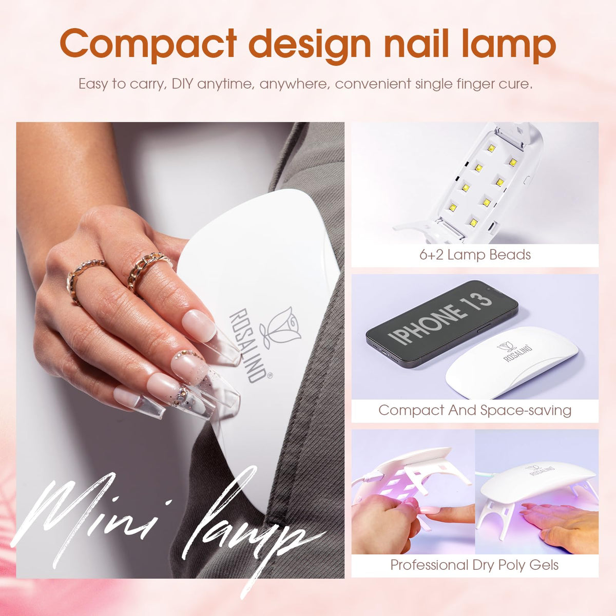 ROSALIND mini UV lamp curing nails showing fast professional drying