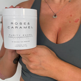 Rose & Caramel application demo on forearm showing removal of self-tan for visible correction