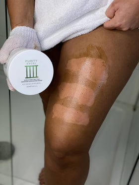 Rose & Caramel placed on bathroom shelf indicating convenient routine benefit