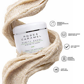 Rose & Caramel gel texture close-up shows exfoliating, quick-action benefit