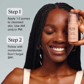 ROSE Ingleton MD bottle next to sunscreen illustrating daytime layering and protection