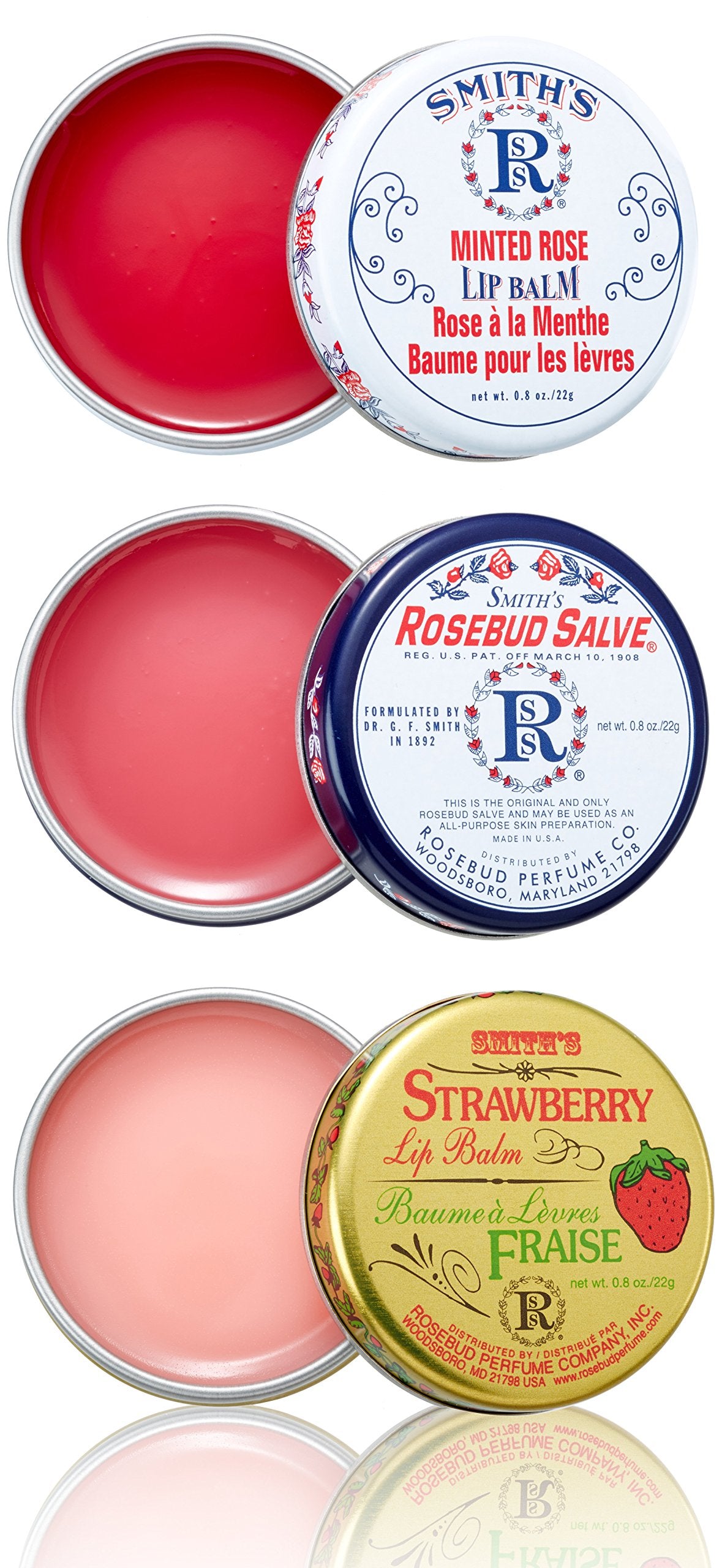 ROSEBUD SALVE front packaging showing product and size benefit