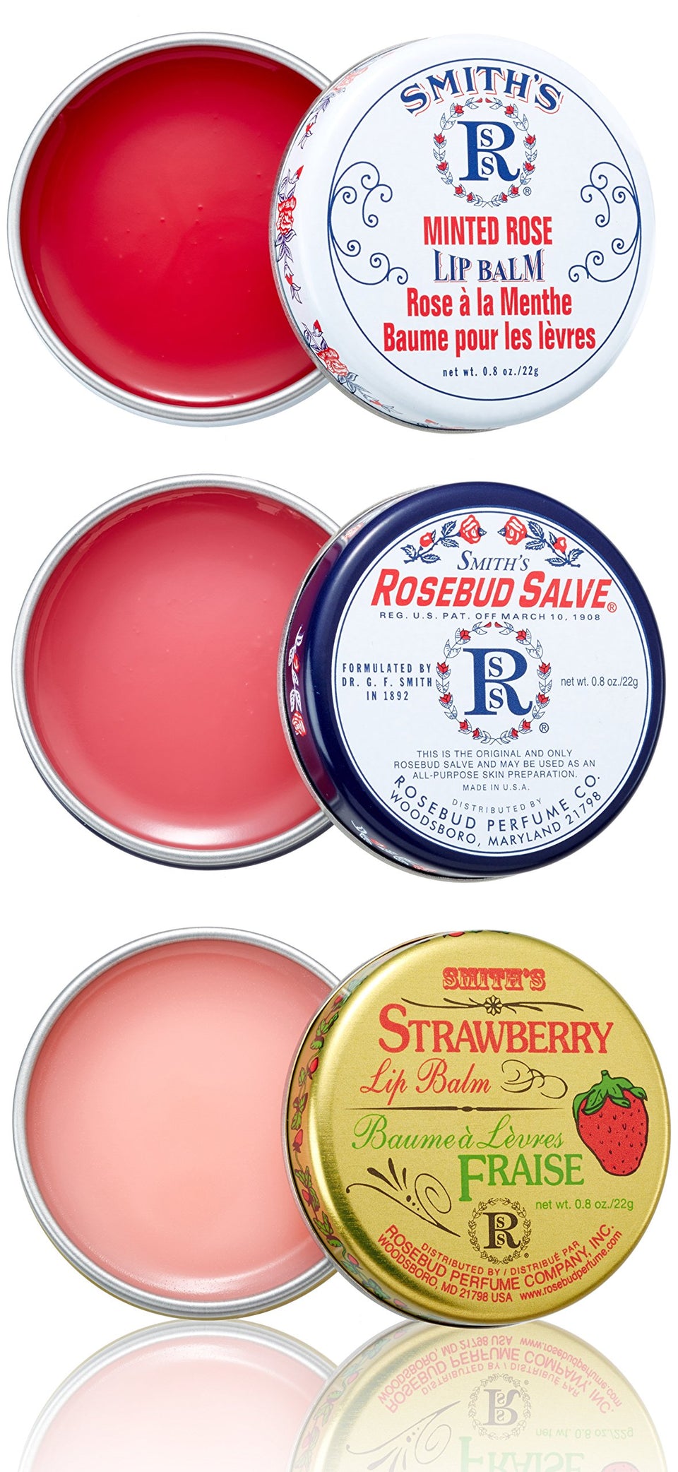 ROSEBUD SALVE front packaging showing product and size benefit