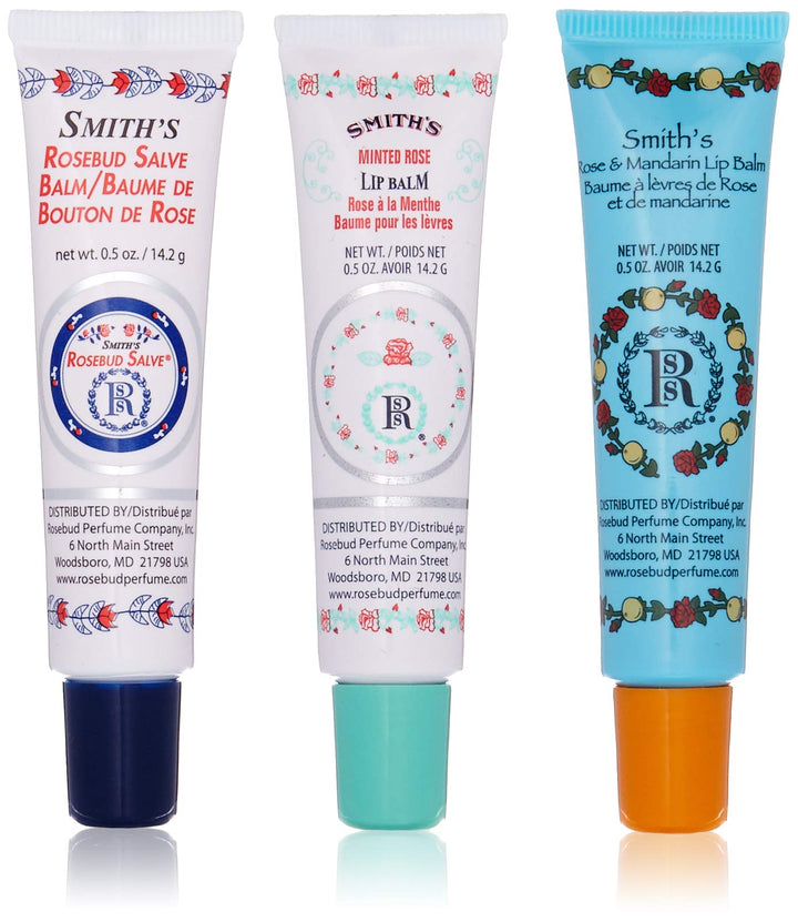 ROSEBUD SALVE trio front packaging showing three 0.5 oz tubes, convenient for travel