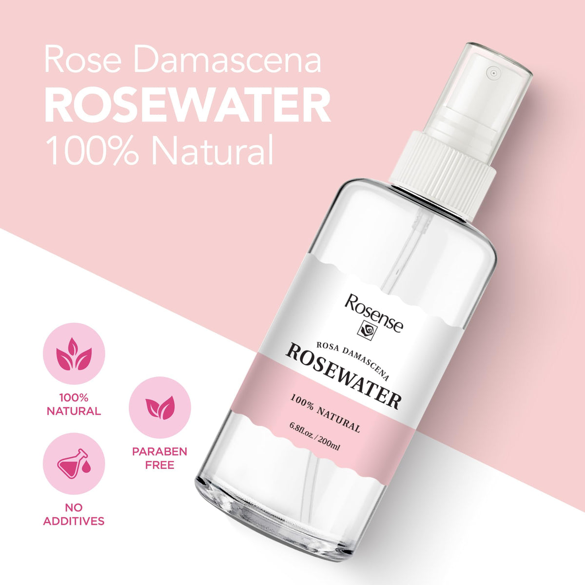 Rosense close-up of rose petals and liquid highlighting natural single-ingredient clarity