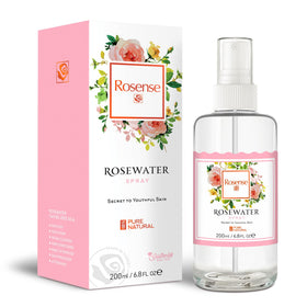 Rosense glass bottle front view showing label and spray nozzle for pure hydration