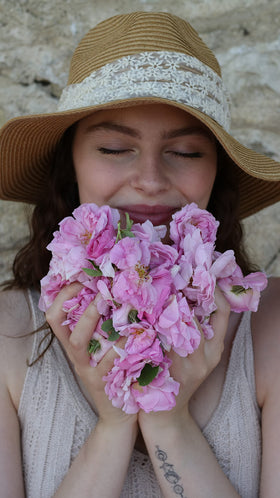 Rosense facial mist being applied demonstrating gentle hydration benefit