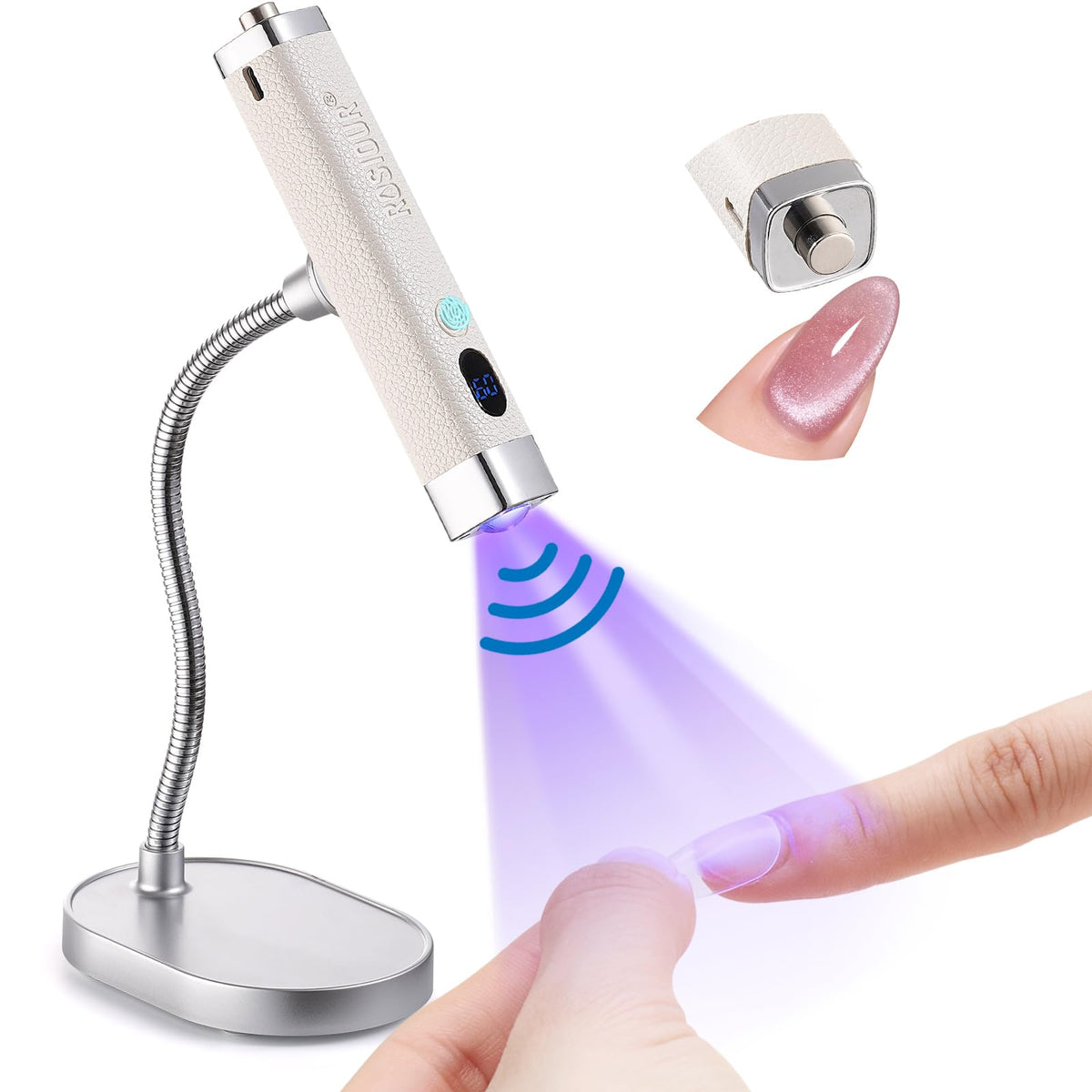 Rosiour front view compact lamp showing white handheld design and portability benefit