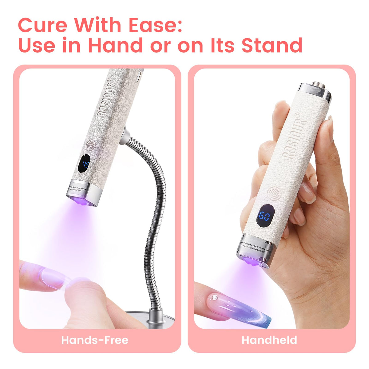 Rosiour in hand scale illustrating compact size and easy maneuvering during manicures