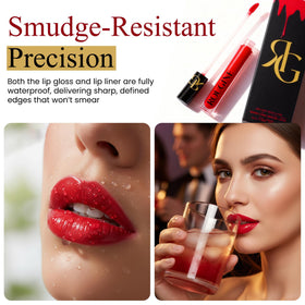 ROUGINE lip swatch on model illustrating true Red Love payoff