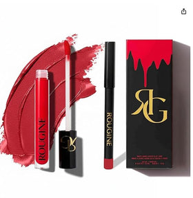ROUGINE lips before and after showing defined no-bleed outline benefit