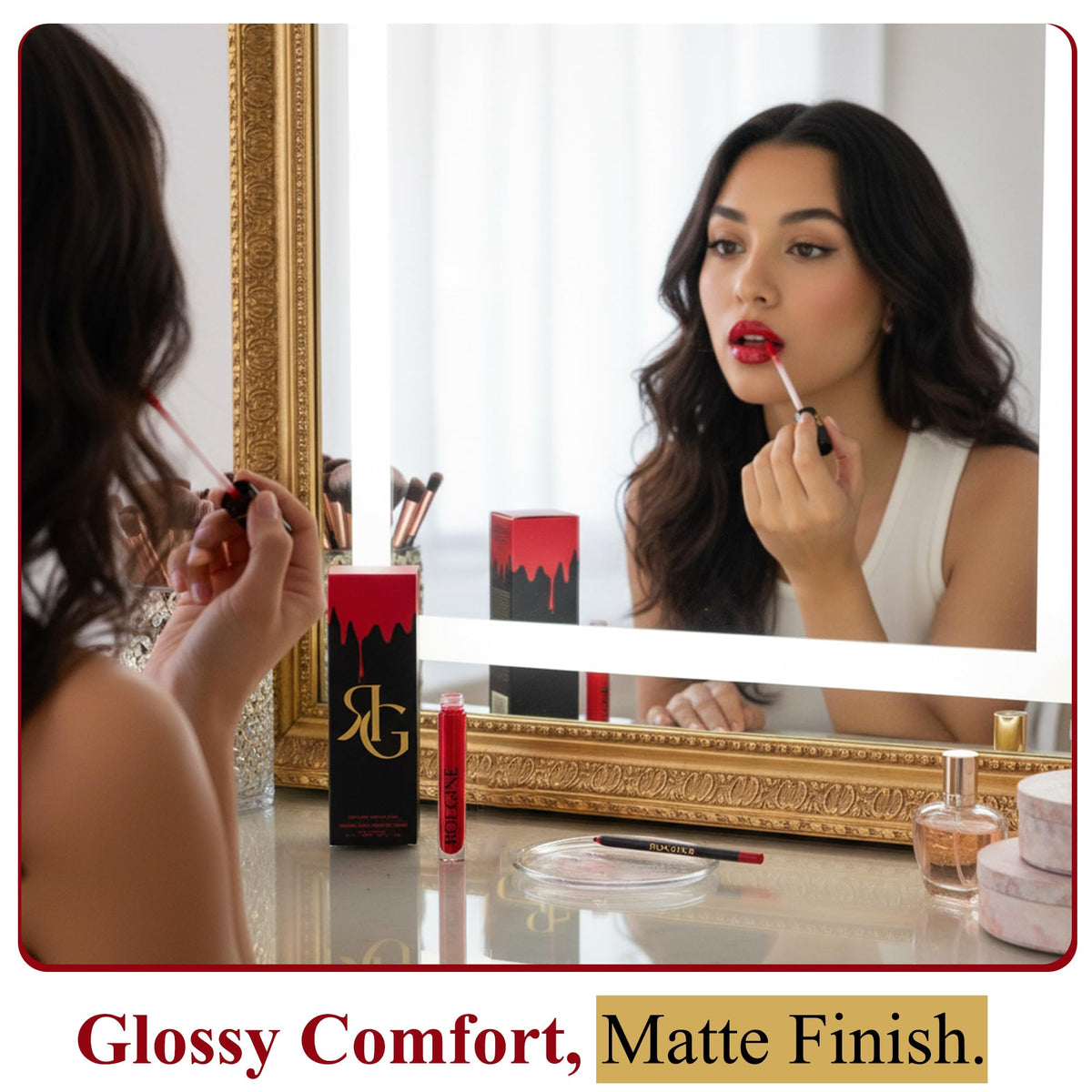 ROUGINE liquid lipstick applicator demonstrating smooth crema glide