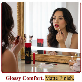 ROUGINE liquid lipstick applicator demonstrating smooth crema glide