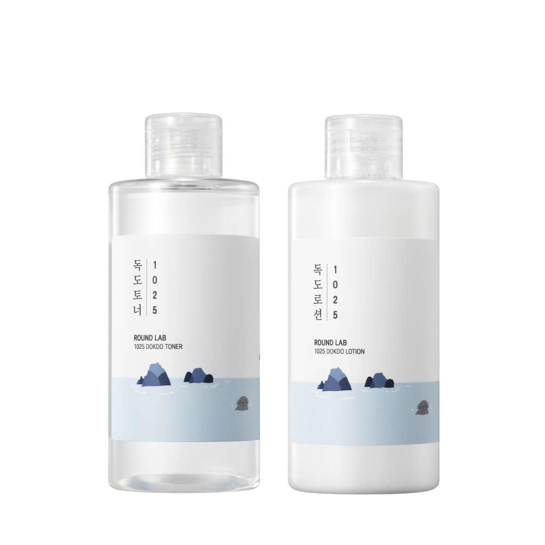ROUND LAB front packaging of 1025 Dokdo toner and lotion showing set benefits