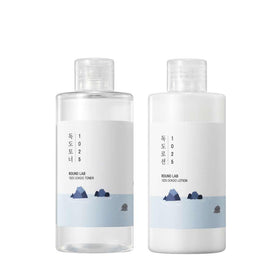 ROUND LAB front packaging of 1025 Dokdo toner and lotion showing set benefits