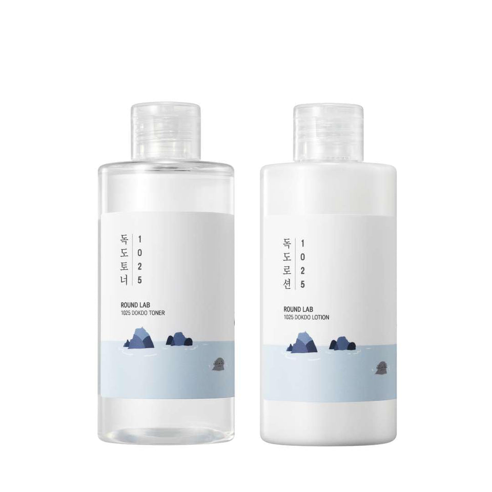 ROUND LAB front packaging of 1025 Dokdo toner and lotion showing set benefits