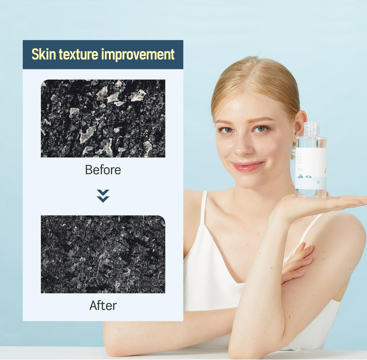 ROUND LAB applying toner and lotion on hand to demonstrate gentle exfoliation