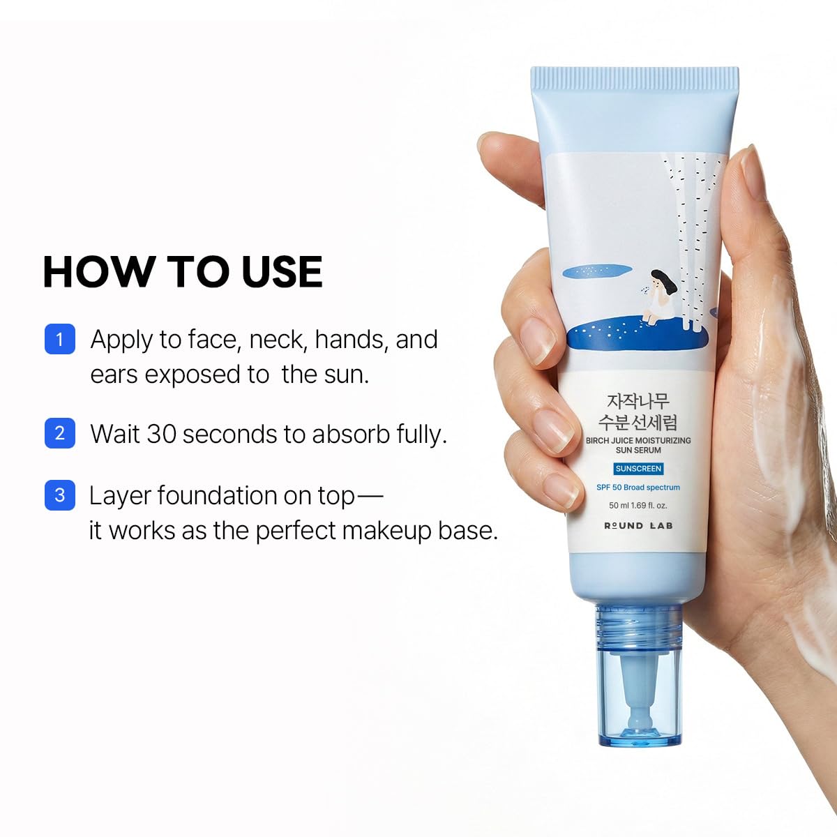 ROUND LAB applying sun serum under foundation for smooth makeup base