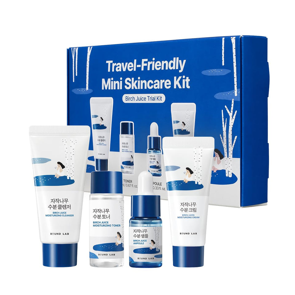 ROUND LAB front packaging showing compact travel skincare kit and easy routine
