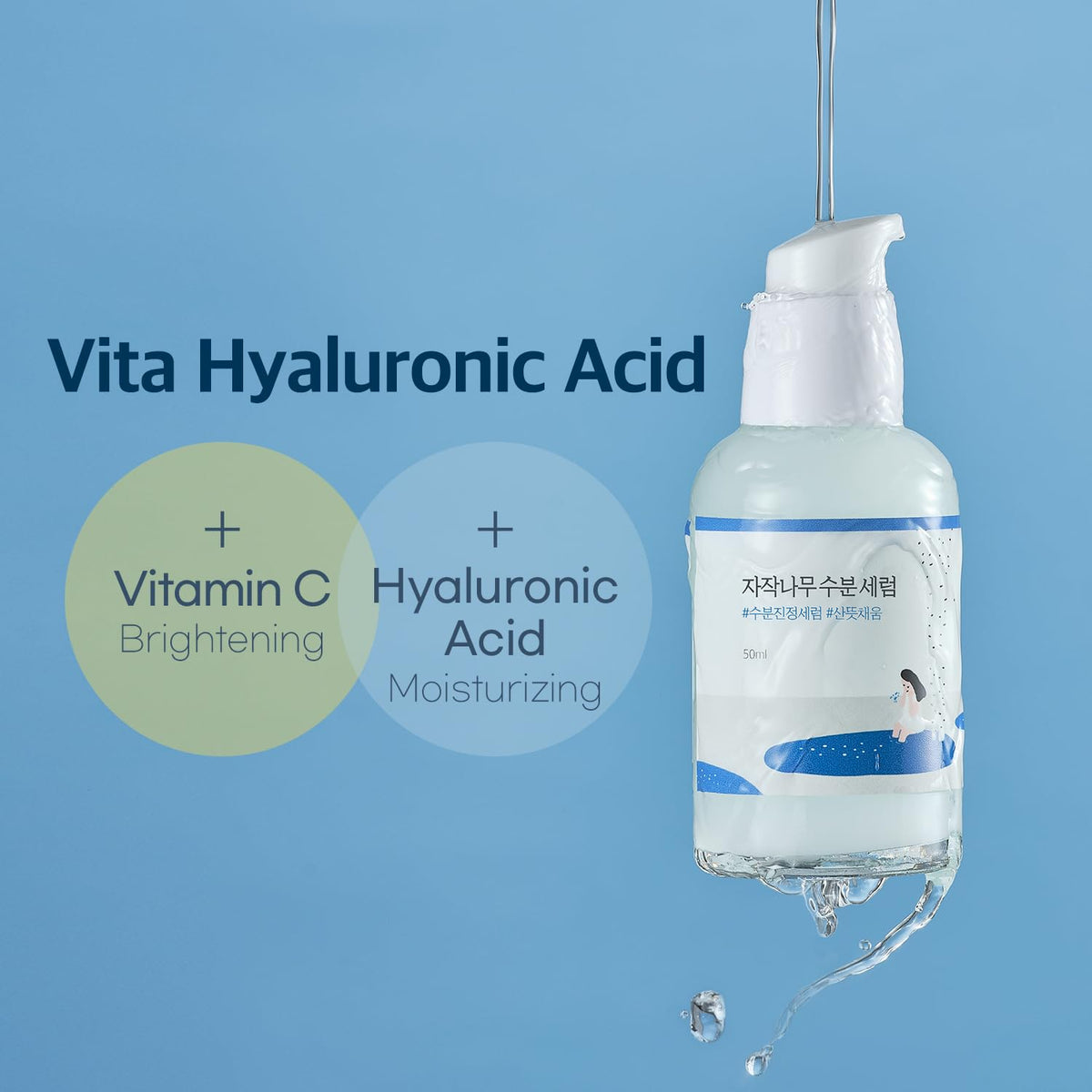 ROUND LAB 50ml bottle next to common items to show compact travel-friendly size