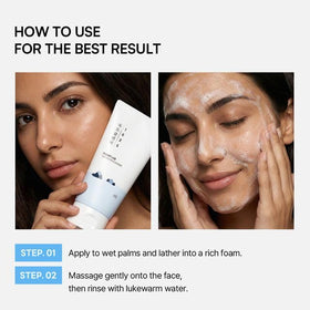 ROUND LAB Dokdo Cleanser application on face demonstration showing gentle lather for sensitive skin