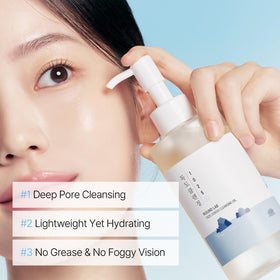 Round Lab oil emulsified into milky texture demonstrating quick rinse-off