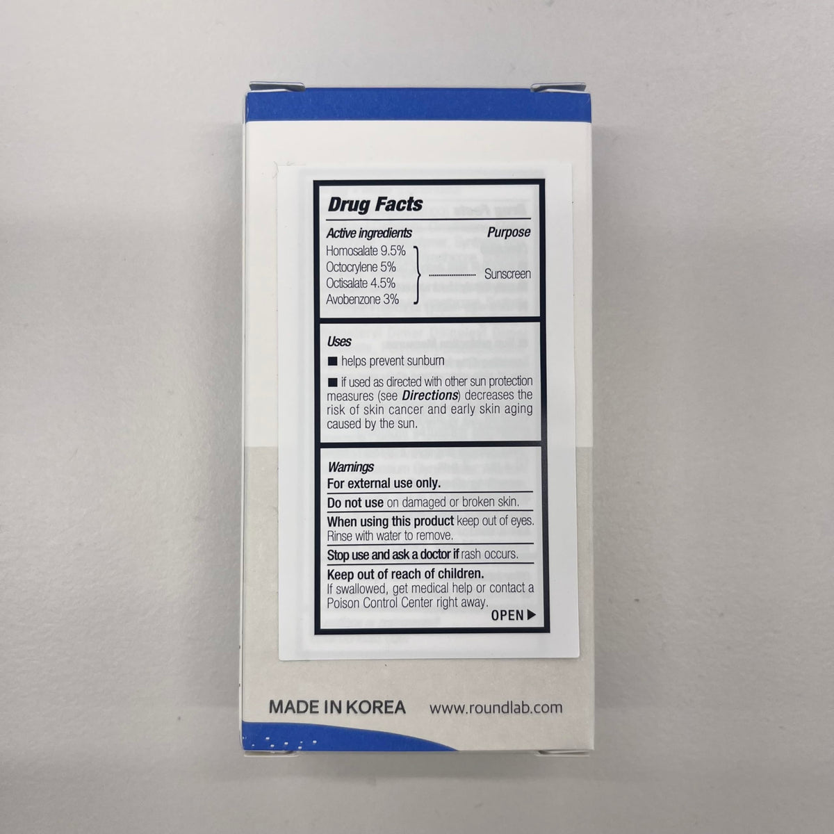 ROUND LAB label close-up showing ingredients and SPF details