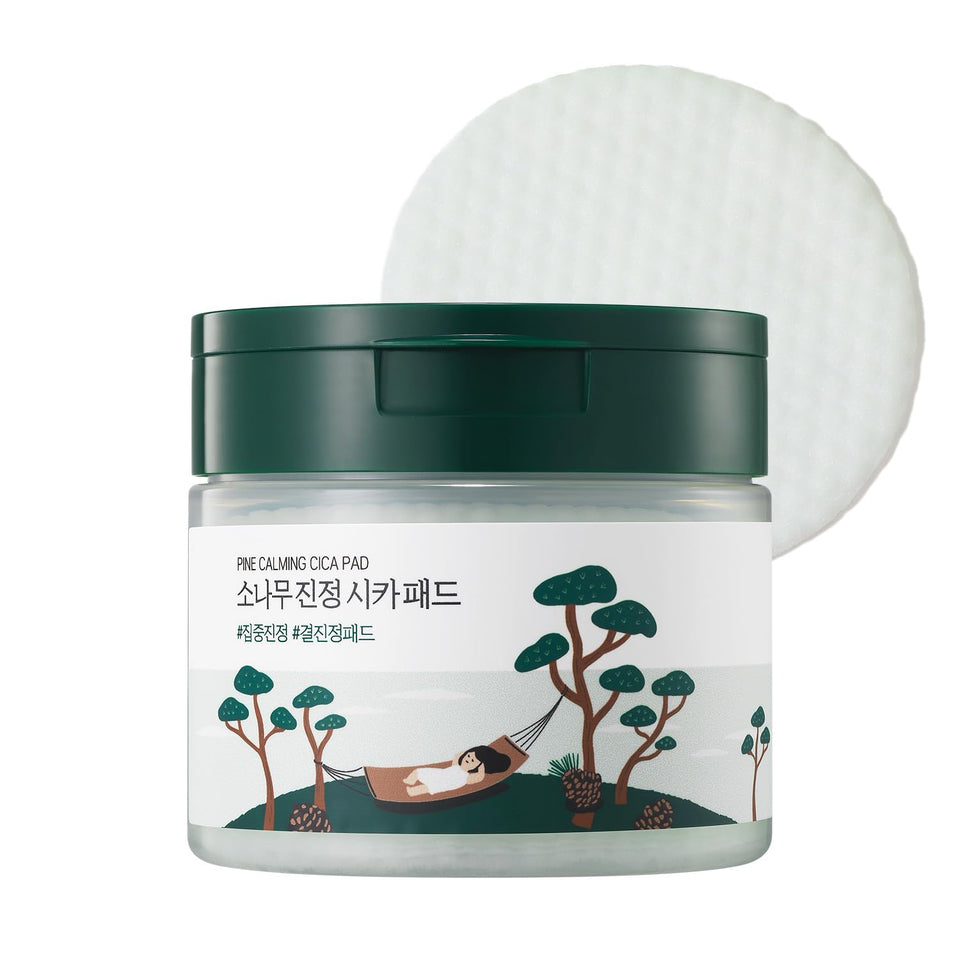 ROUND LAB front packaging showing calming cica pads and benefit instant cooling