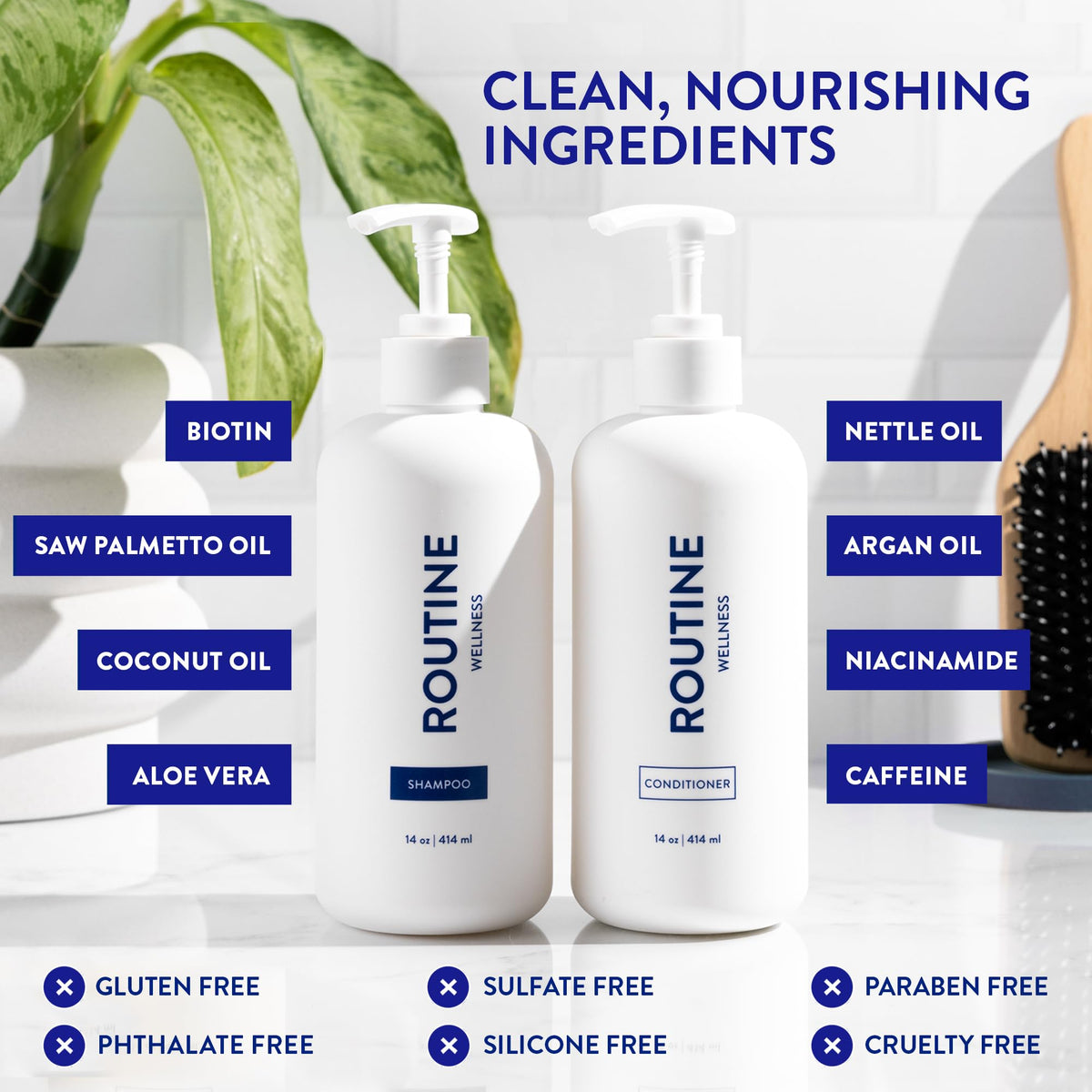 Routine Wellness shampoo and conditioner duo staged in bathroom for everyday hair routine