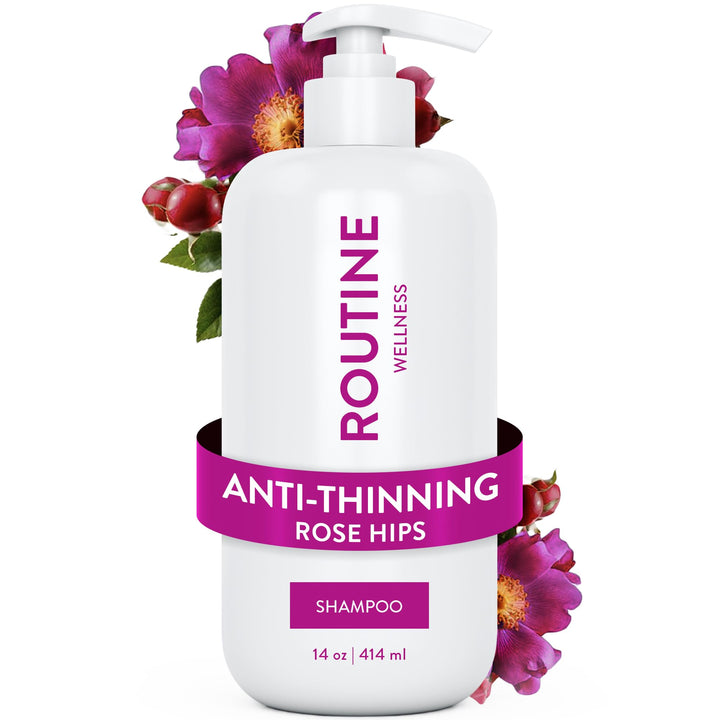 Routine Wellness front bottle showing rose hips scent and volumizing benefit