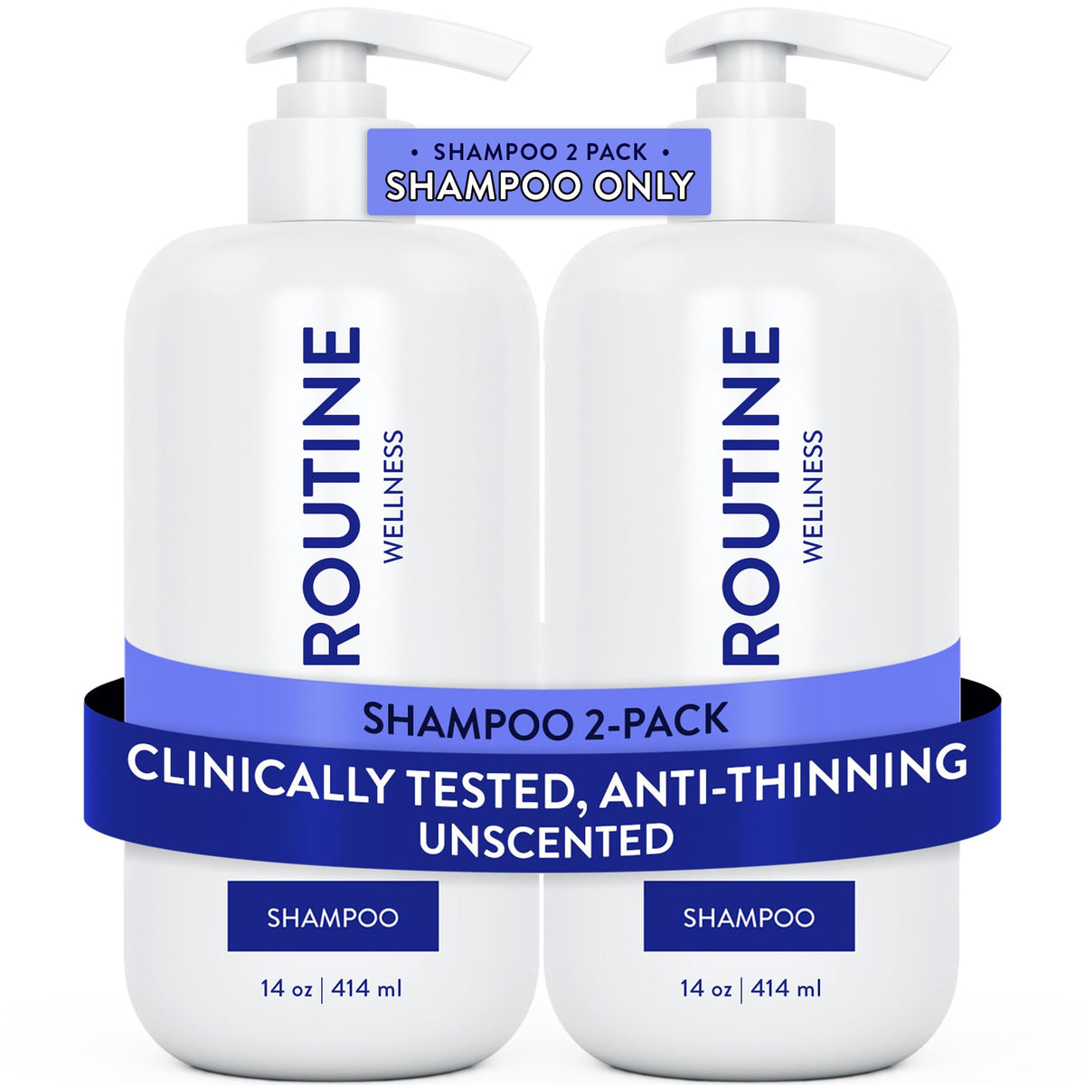 Routine Wellness front packaging showing 14 oz unscented shampoo, promotes fuller-looking hair