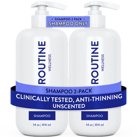 Routine Wellness front packaging showing 14 oz unscented shampoo, promotes fuller-looking hair