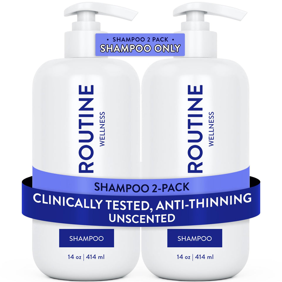 Routine Wellness front packaging showing 14 oz unscented shampoo, promotes fuller-looking hair
